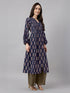 Janasya Women's Navy Blue Pure Cotton Floral Printed A-line Kurta
